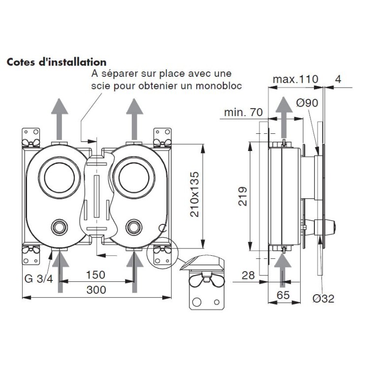 Deltamess Rohbauphase   Miniblock Koax mit T zu Installationssystem DUOFIX (Geberit)  