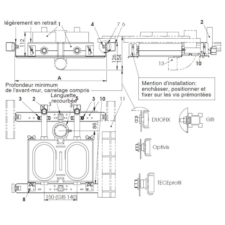 Plaque de raccordement complète avec fixation pour système DUOFIX (Geberit) 